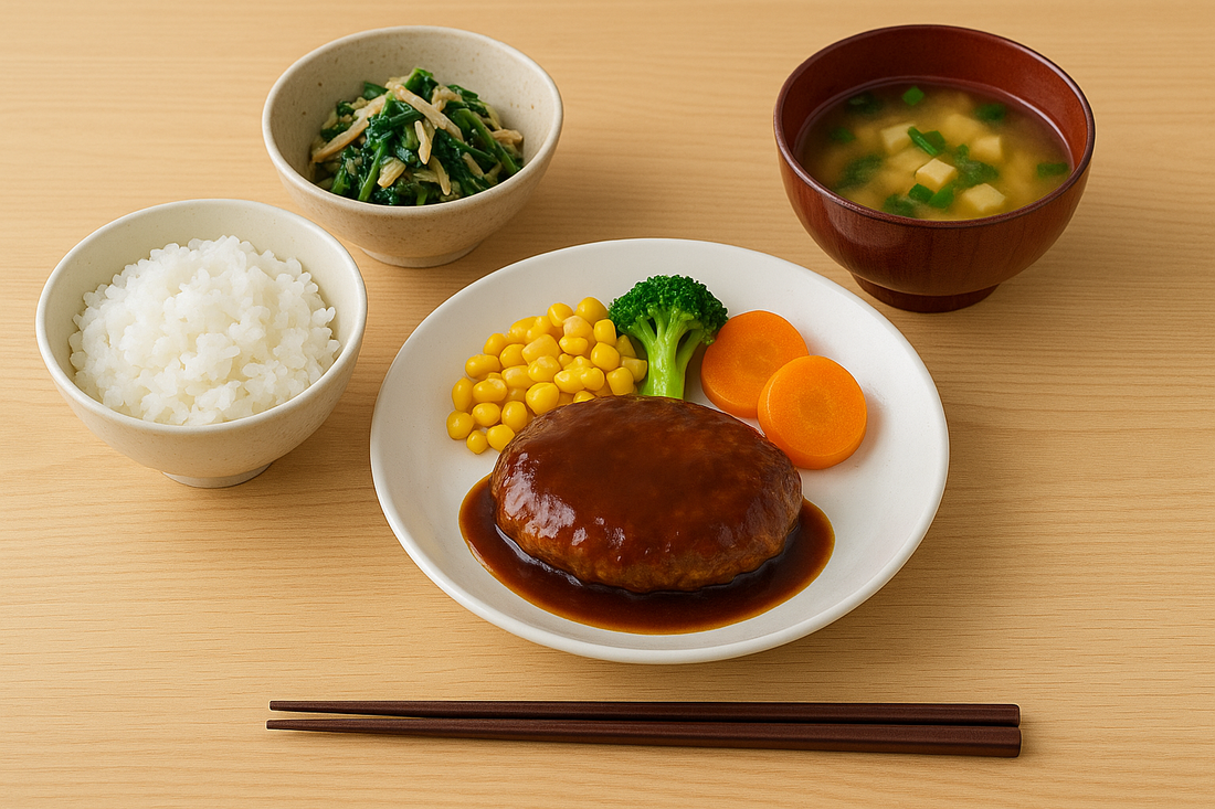 自社厨房で温かい食事を盛り付け