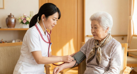 バイタルチェックを行う職員とご入居者の様子