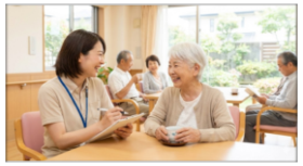 ゆったり過ごせる共有スペースでの団らんの様子